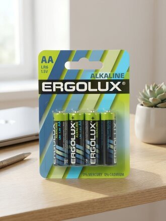 Батарейка Ergolux, АА (LR6, 15A), Alkaline, щелочная, 1.5 В, блистер, 4 шт, 11748