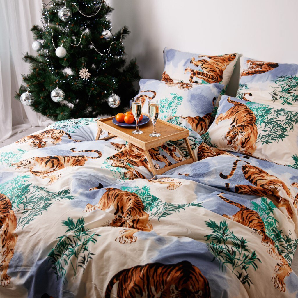 Постельное белье евро, простыня 220х240 см, 2 наволочки 70х70 см, пододеяльник 200х220 см, Ночь нежна, поплин, Тигры 70349-1