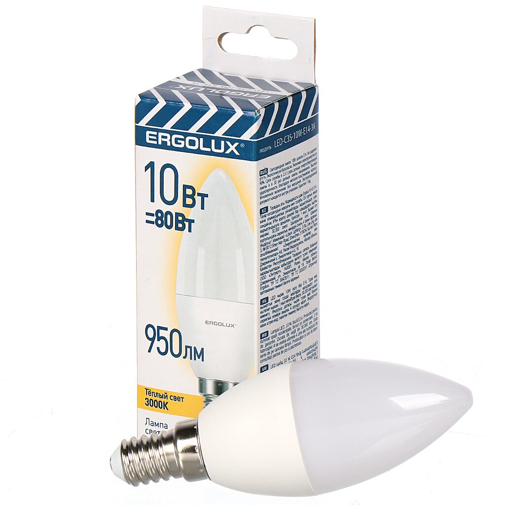 Лампа светодиодная E14, 10 Вт, 80 Вт, свеча, 3000 К, свет теплый белый, Ergolux, Ergolux лампа светодиодная ergolux led e27 15вт