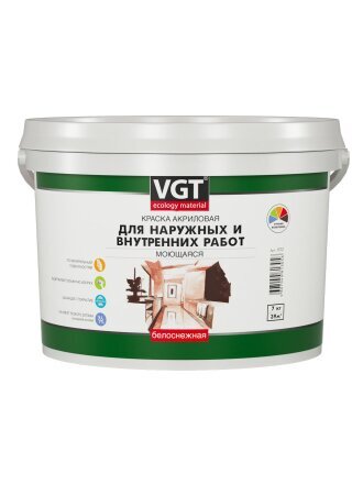 Краска водно-дисперсионная, VGT, акриловая, универсальная, моющаяся, влагостойкая, матовая, белоснежная, 7 кг