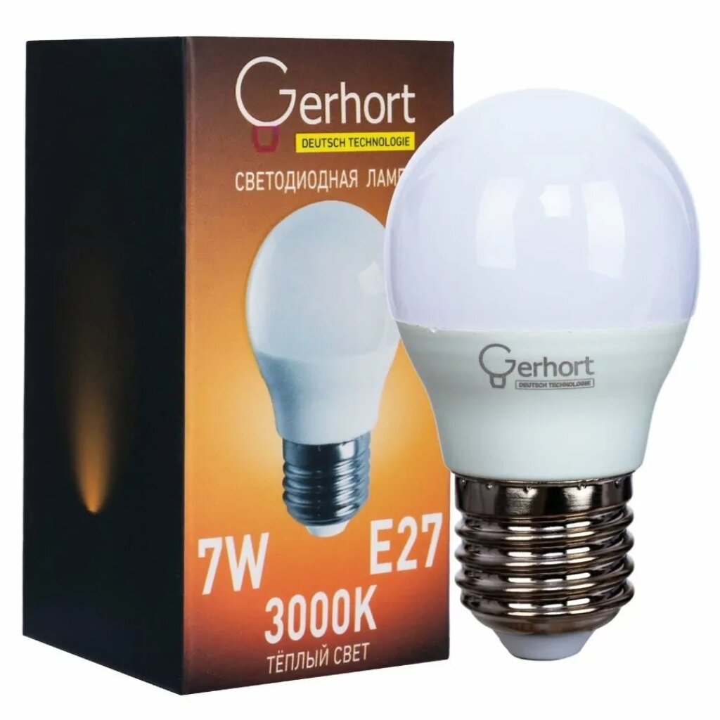 Лампа светодиодная E27, 7 Вт, шар, 3000 К, теплый белый свет, Gerhort, Лампа, 7W GERHORT G45 LED 3000K E27