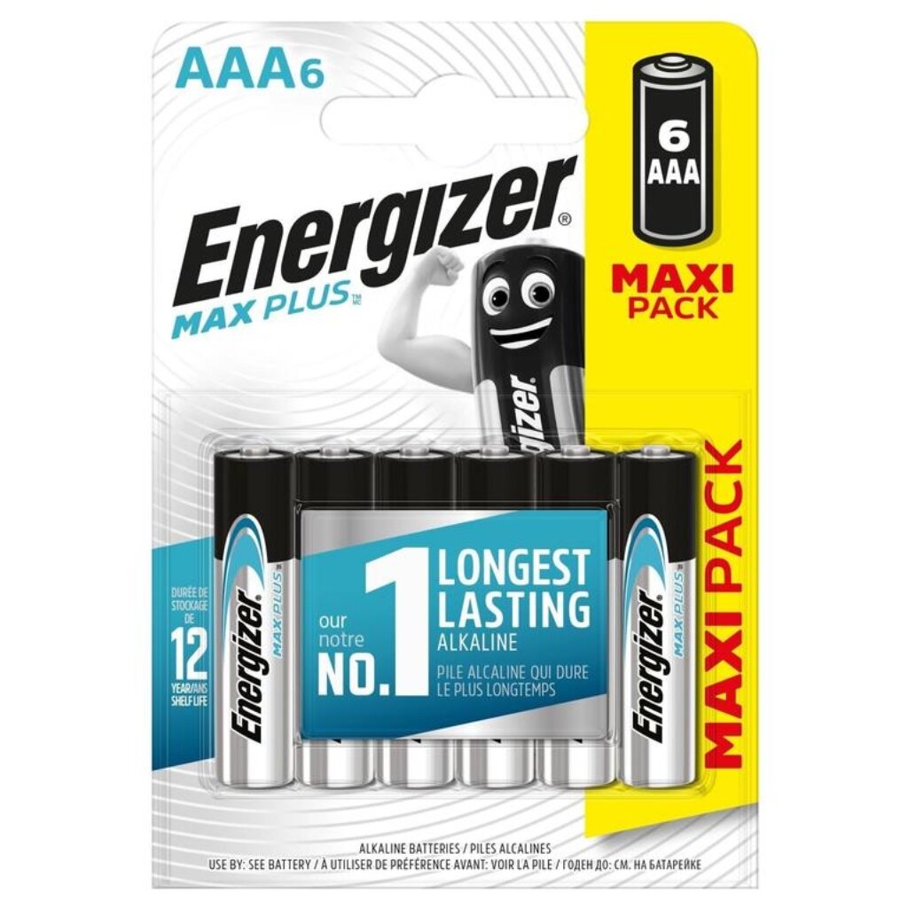 Батарейка Energizer, ААА (LR03, R3), Alkaline Max Plus, алкалиновая, 1.5 В, блистер, 6 шт, E301322102