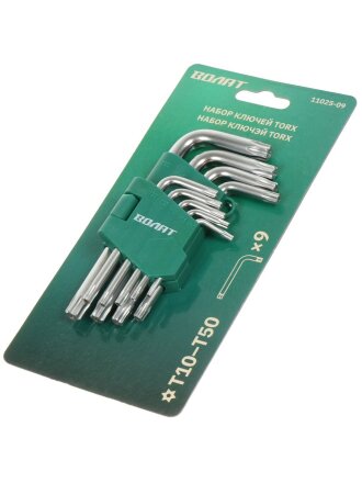 Ключ Torx, 9 предметов, Волат, хром, сталь, T10-T50, короткий, 11025-09