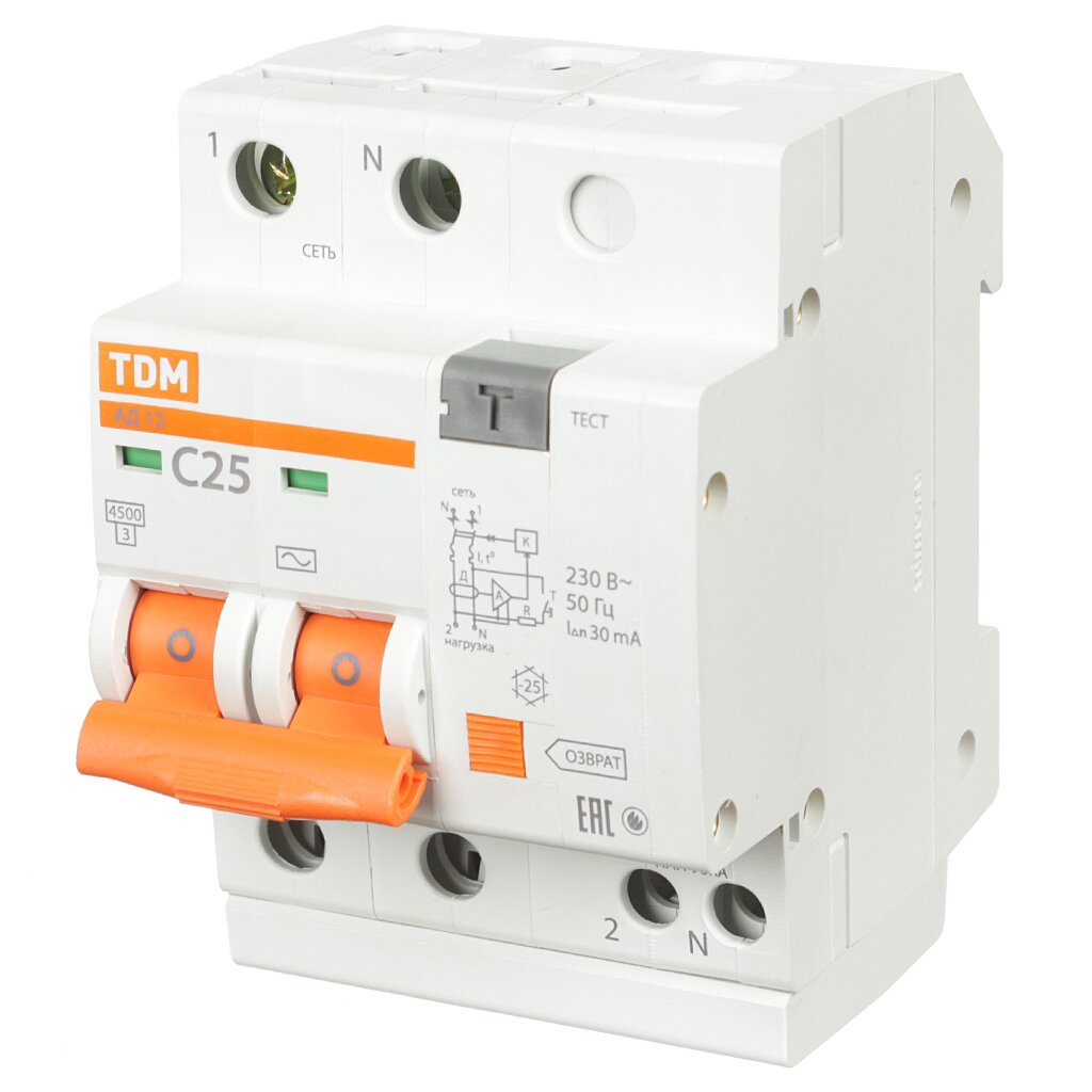Дифференциальный автоматический выключатель TDM Electric, АД12, 2 полюса, 25, 30 мА, SQ0204-0011