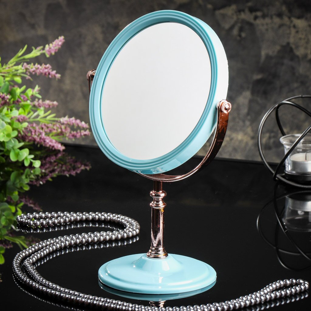 Зеркало настольное, металл, пластик, на ножке, круглое, голубое, A070015