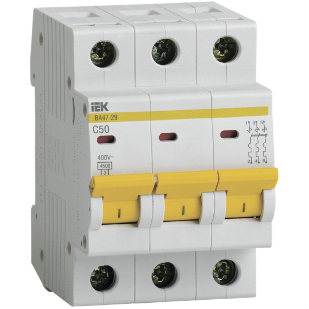 Автоматический выключатель на DIN-рейку, IEK, ВА47-29 3Р, 3 полюса, 50, 4.5 кА, 400 В, MVA20-3-050-C выключатель автоматический iek 2 п c 16 а ва 47 29 4 5 ка mva20 2 016 c
