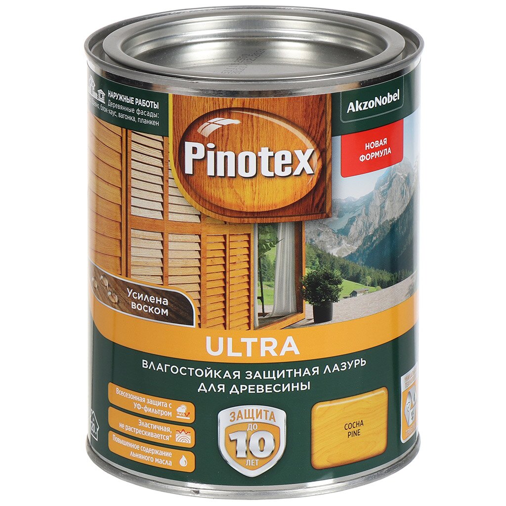 Пропитка Pinotex, Ultra, для дерева, защитно-влагостойкая, сосна, 1 л