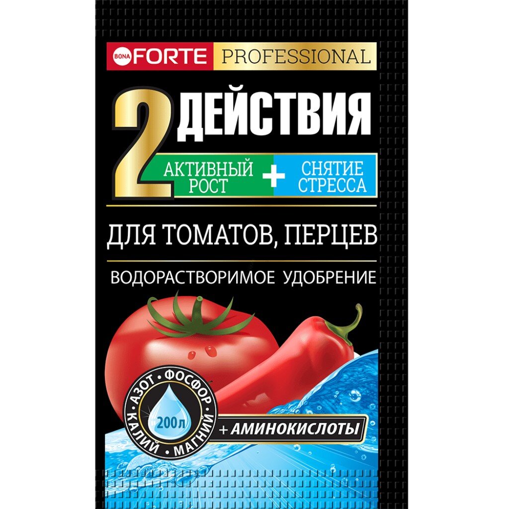 Удобрение для томатов, перцев, водорастворимое, с аминокислотами, минеральный, гранулы, 100 г, Bona Forte удобрение водорастворимое крепыш для рассады 50 гр