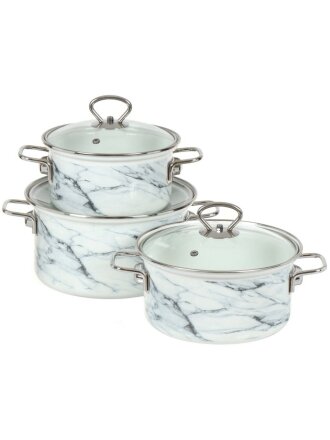 Набор посуды эмалированная сталь, 6 предметов, кастрюли 1.9,2.5,3.7 л, индукция, Керченский металлургический завод, Белый мрамор-1 Элит, белый