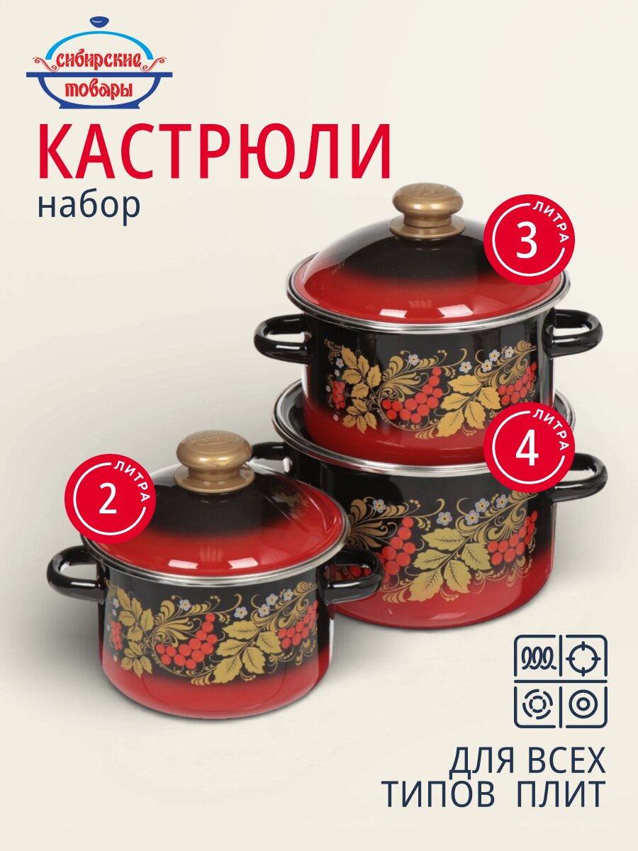 Набор посуды эмалированная сталь, 6 предметов, кастрюли 2,3,4 л, индукция, Сибирские товары, Рябинка 15, N15L05, в ассортименте
