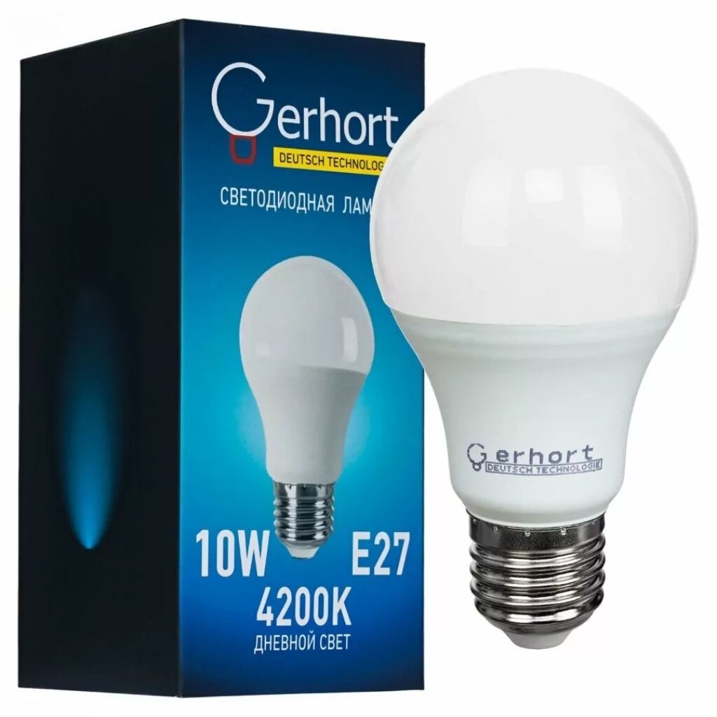 Лампа светодиодная E27, 10 Вт, груша, 4200 К, свет дневной, Gerhort