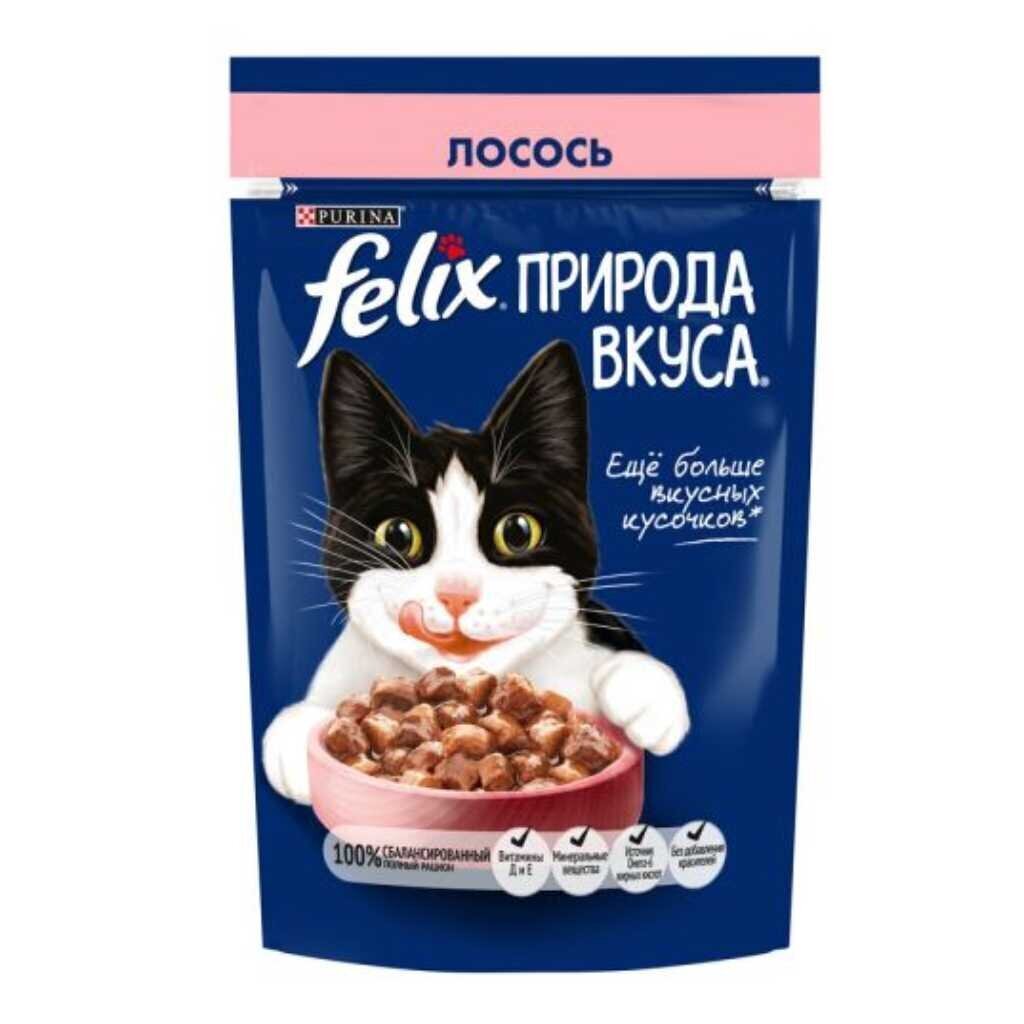 Корм для животных Феликс, Природа вкуса, 75 г, для взрослых кошек, кусочки в соусе, лосось, пауч, 12512724