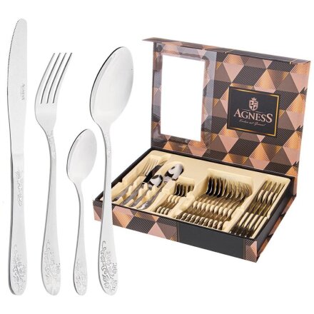 Набор столовых приборов нержавеющая сталь, 24 предмета, серебристый, с художественной росписью, столовый, подарочная упаковка, Agness, 942-042