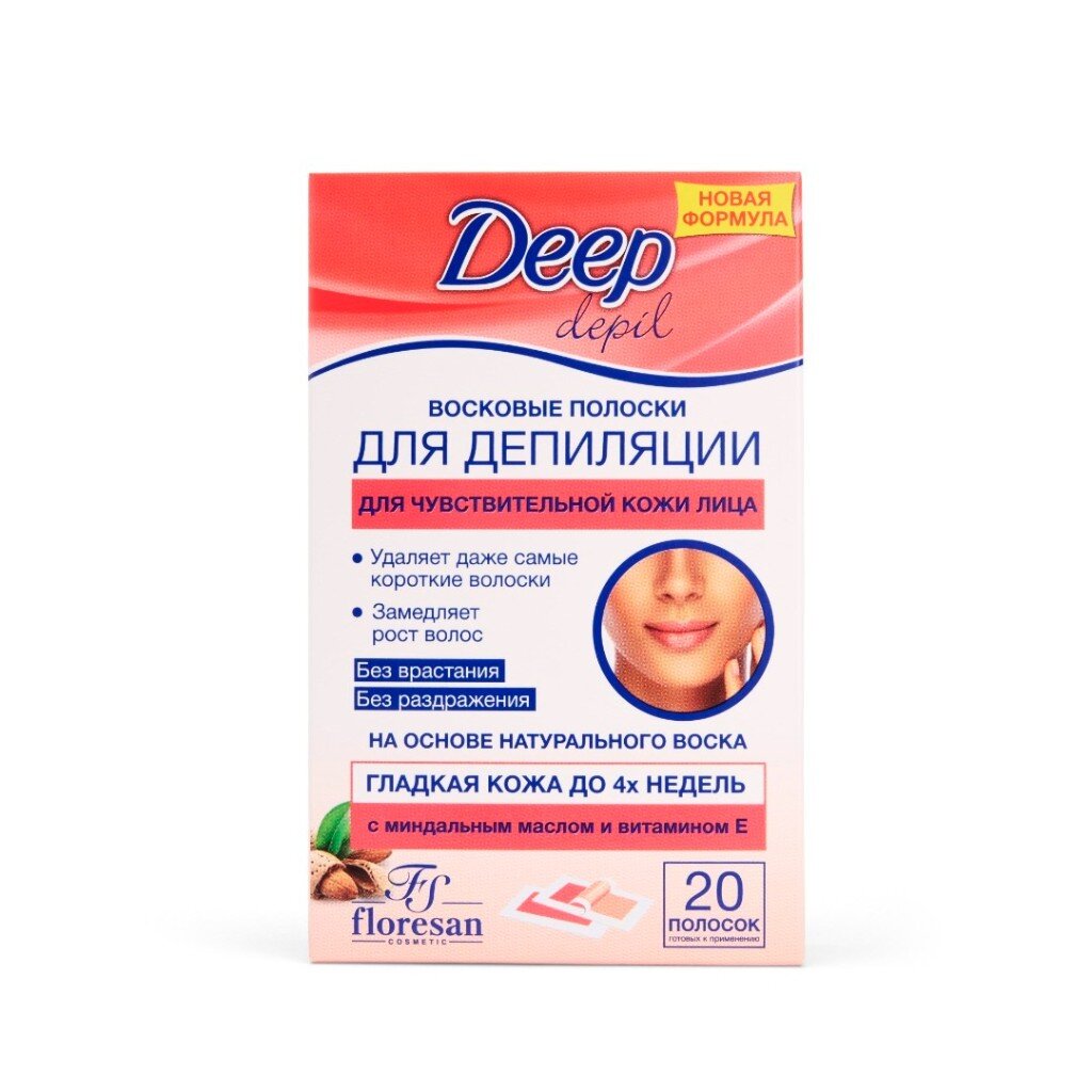 Восковые полоски для депиляции, Floresan Deep Depil, для чувствительной кожи лица, 20 полосок