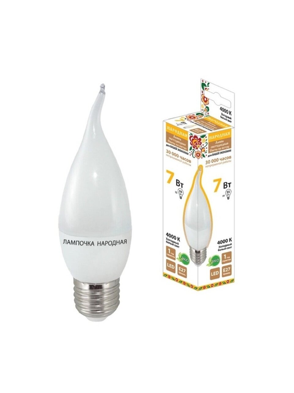 Лампа светодиодная E27, 7 Вт, 55 Вт, свеча на ветру, 4000 К, нейтральный белый свет, TDM Electric, Народная, SQ0340-1547