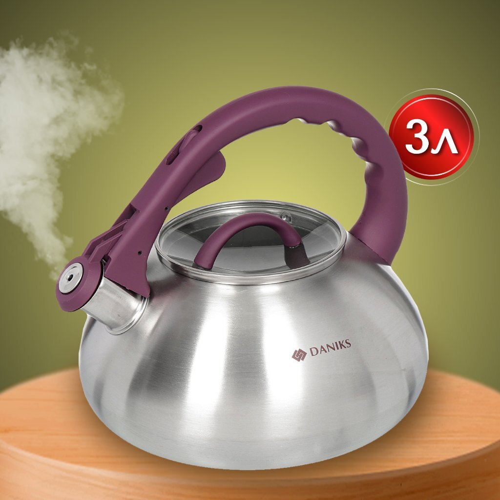 Чайник нержавеющая сталь, 3 л, со свистком, матовый, логотип меняет цвет, ручка с силиконовым покрытием, Daniks, DSC-8802