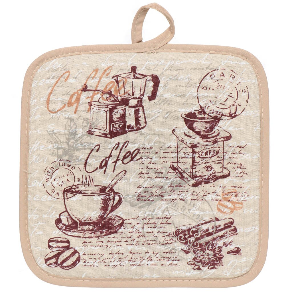 Прихватка 18х18 см, шелкография, 50% хлопок, 50% лен, Кофейная тема, ПЛ-018