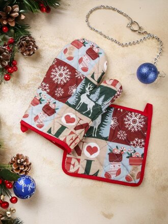 Набор кухонный 2 шт, 26х18см + 18х18 см (варежка, прихватка), 100% хлопок, Новогодняя гирлянда