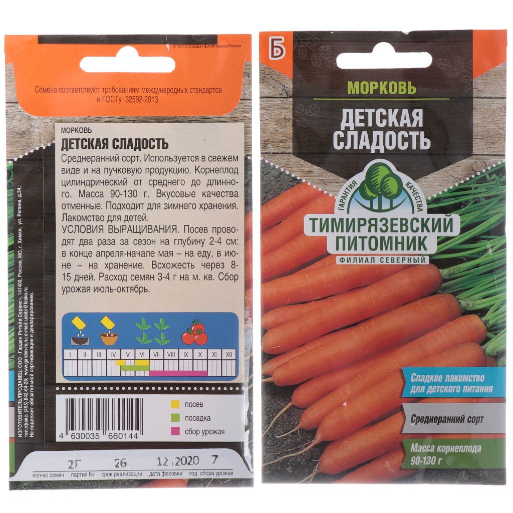 Семена Морковь, Детская сладость, 2 г, цветная упаковка, Тимирязевский питомник