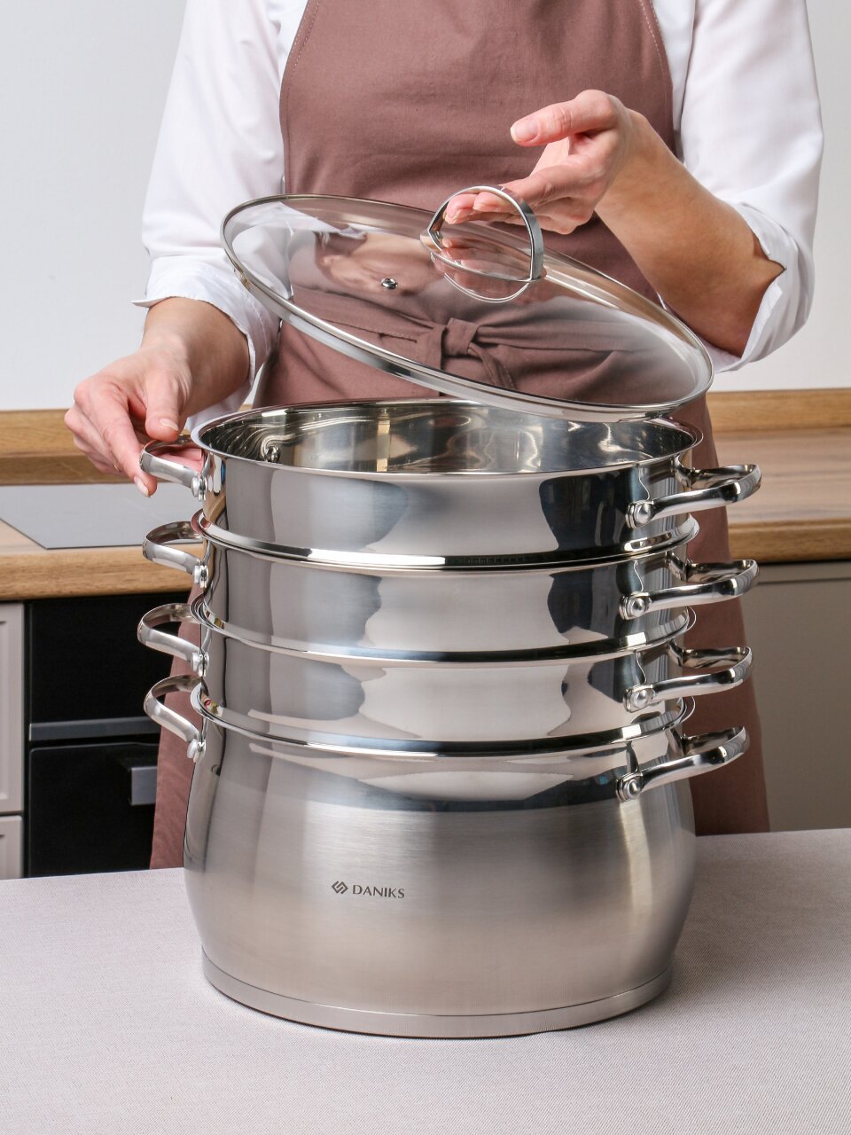 Мантоварка нержавеющая сталь, 28 см, 9.8 л, 4 секции, Daniks, крышка стекло, индукция, металлические ручки, GS-01372-284ST