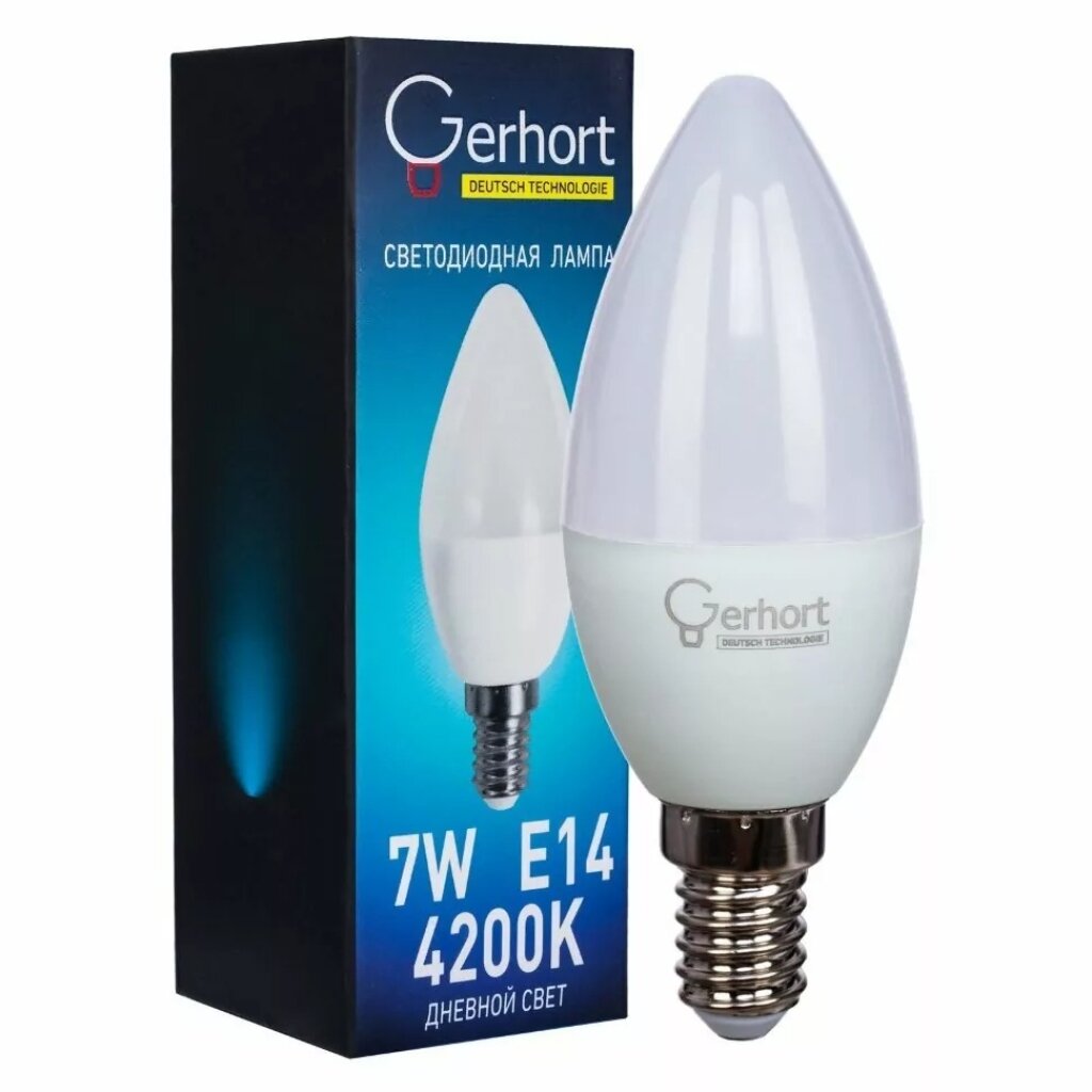 Лампа светодиодная E14, 7 Вт, свеча, 4200 К, свет дневной, Gerhort, Лампа
