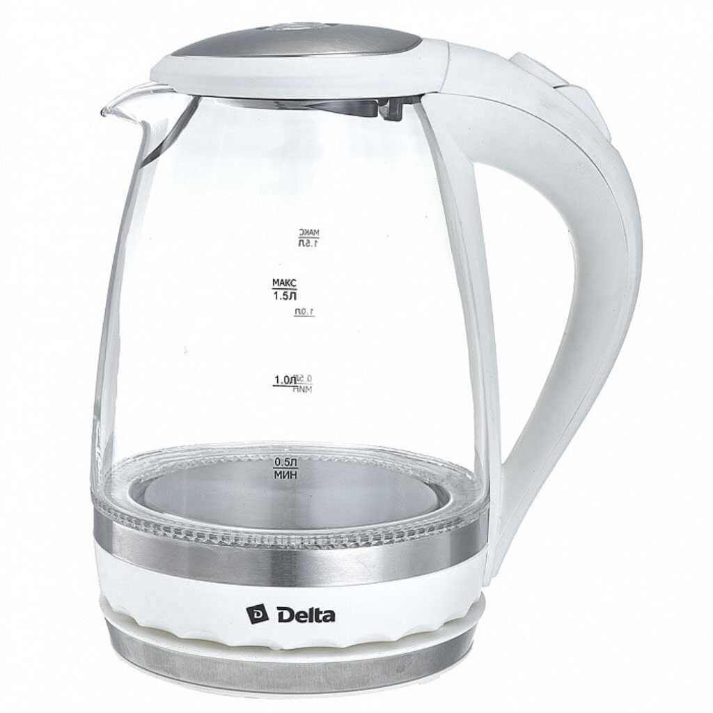 Чайник электрический Delta, DL-1202, белый, 1.5 л, 2200 Вт, скрытый нагревательный элемент, стекло чайник для варки кофе kitfort кт 6613