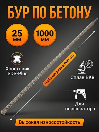 Сверло-бур по бетону, Haisser, диаметр 25х940х1000 мм, для перфоратора, SDS-Plus, HS102052