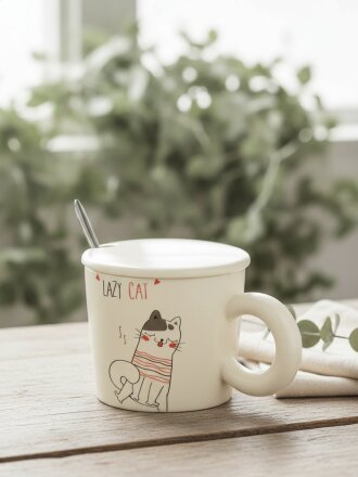 Кружка фарфор, 380 мл, Веселые коты, с крышкой, с ложкой, B060830
