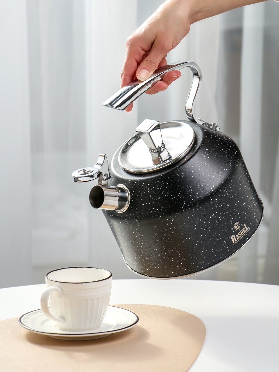 Чайник нержавеющая сталь, 3 л, со свистком, матовый, ручка сталь, RasheL, индукция, черный, R-7831