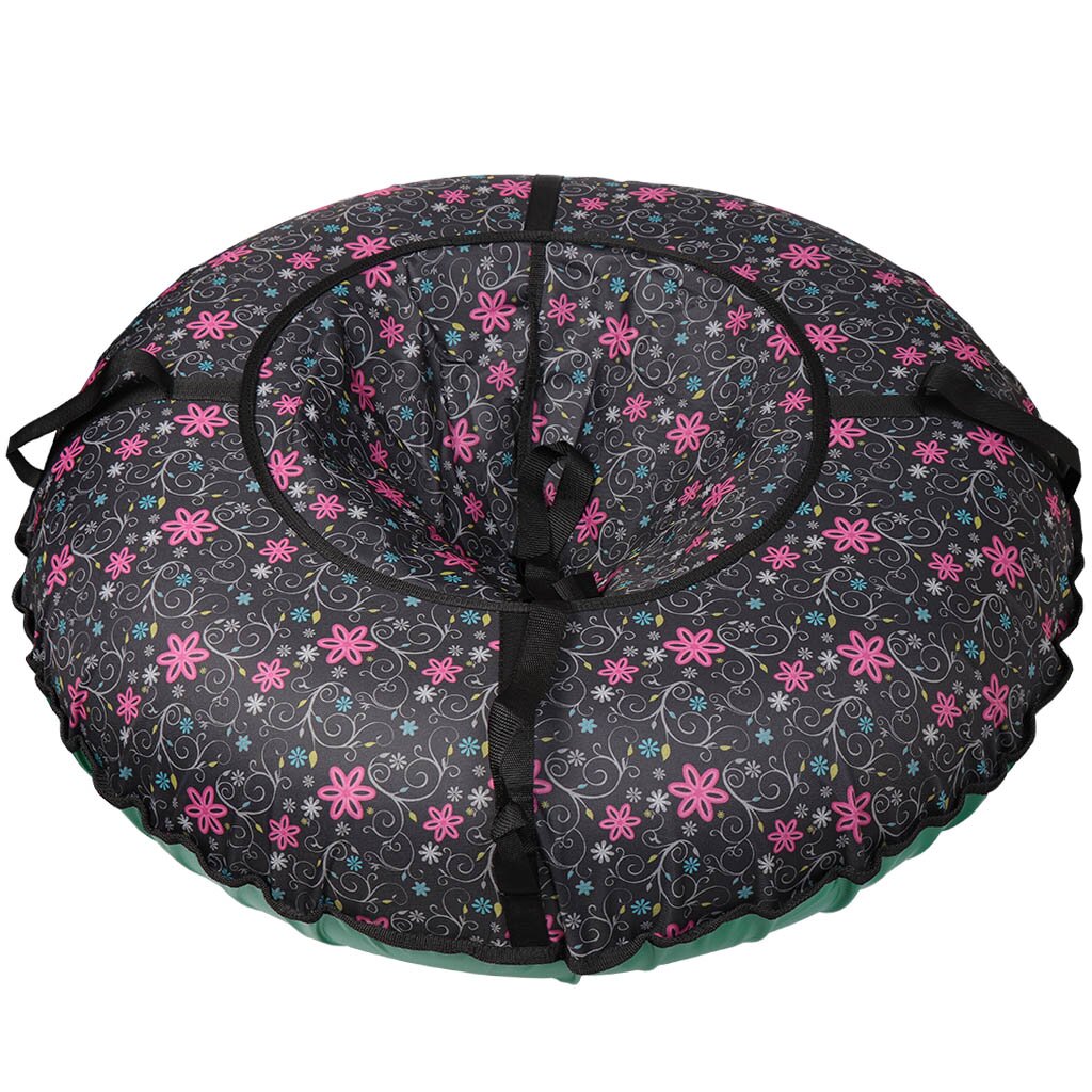 Ватрушка Дизайн Розовые цветочки на черном ПУ-диз-08-713 с буксировочным ремнем и ручками, 70 кг, 80 см