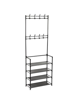 Вешалка-стойка напольная 60х27х170 см, полка для обуви, 15 кг, 104924, черная, 4 полки, 8 крючков