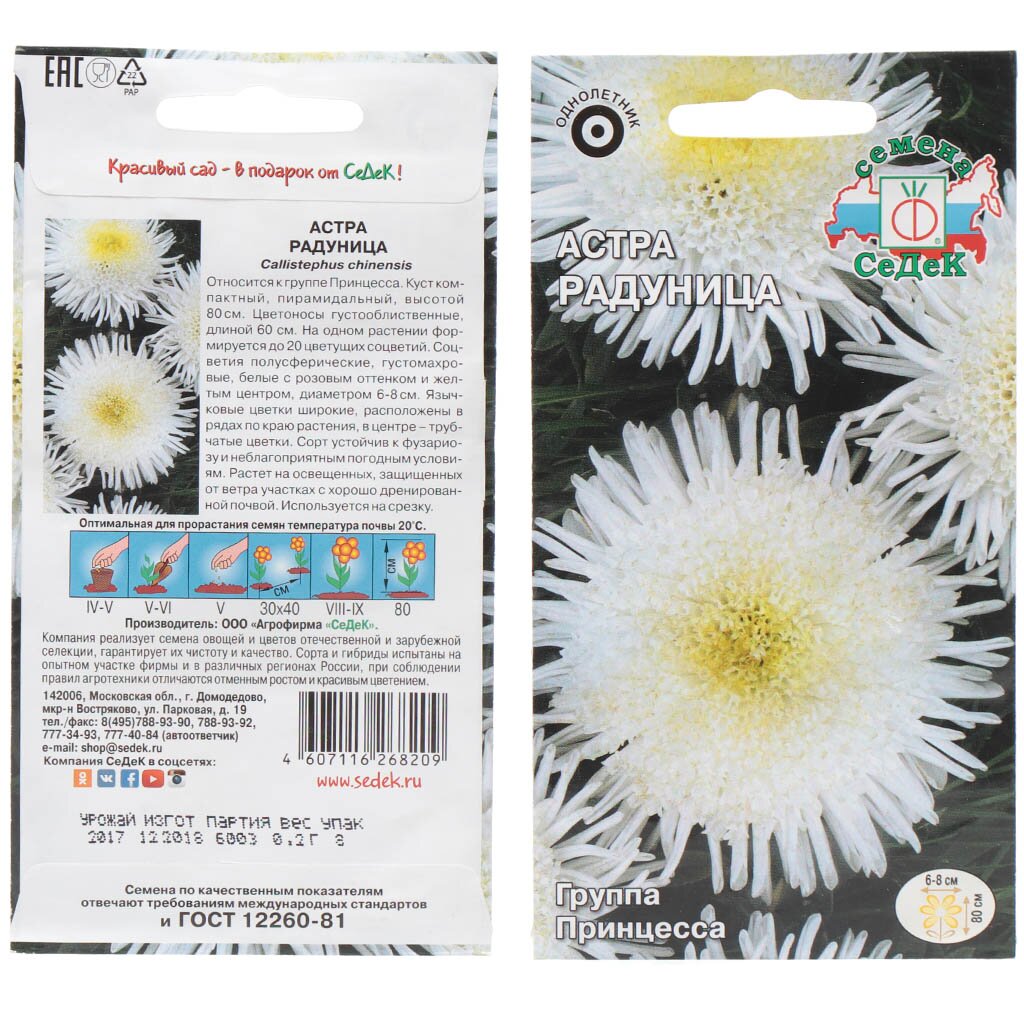 Семена Цветы, Астра, Радуница, 0.2 г, цветная упаковка, Седек