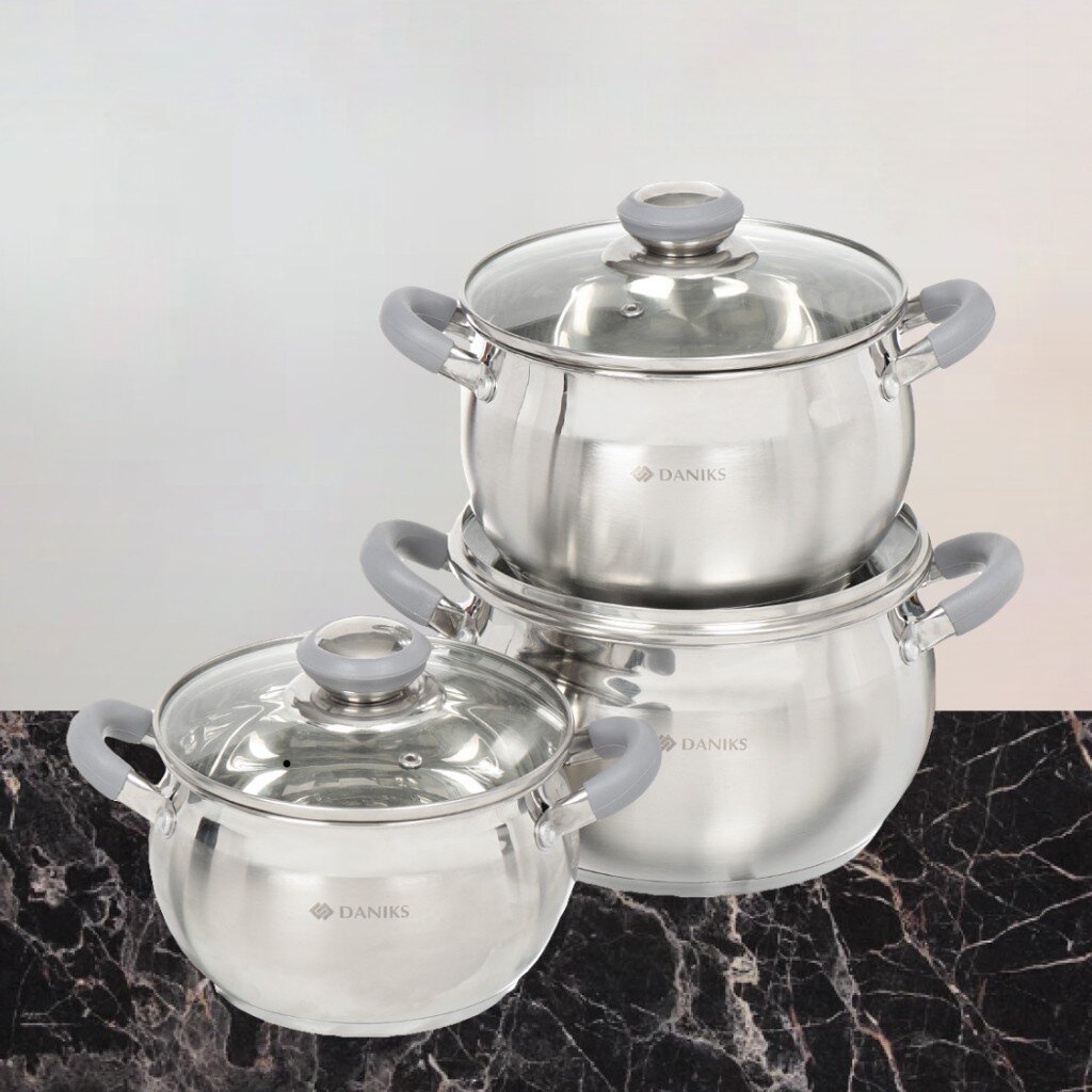 Набор посуды нержавеющая сталь, 6 предметов, кастрюли 1.9, 2.9, 3.9, индукция, Daniks, Модерн серый, SD-6N чайник daniks dsc 8799 серый мрамор 296809