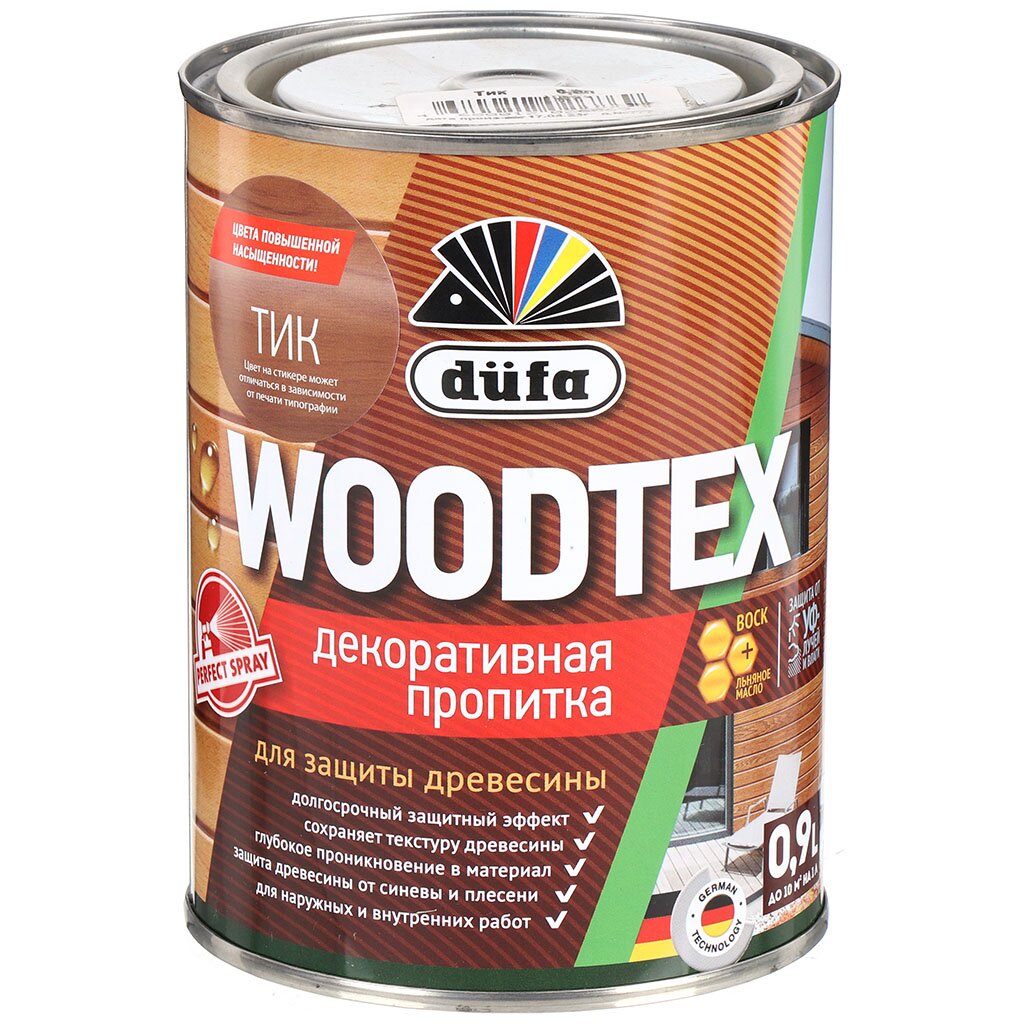 пропитка dufa woodtex для дерева защитная белая 0 9 л Пропитка Dufa, Woodtex, для дерева, защитная, тик, 0.9 л