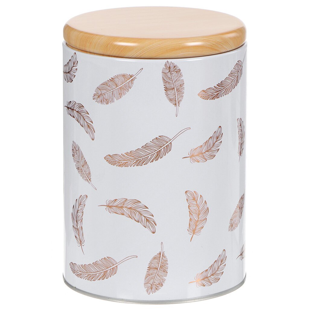 Банка для сыпучих продуктов, металл, 11х15 см, с крышкой, Перья, Y4-4353, белая