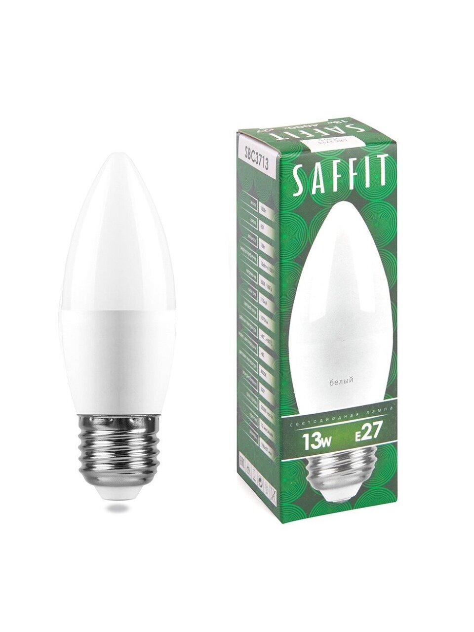 Лампа светодиодная E27, 13 Вт, 130 Вт, 230 В, свеча, 4000 К, нейтральный белый свет, Saffit, SBC3713, C37, 55167