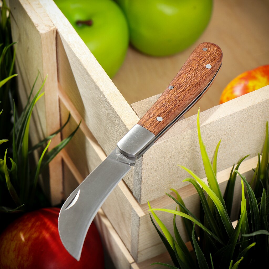 Нож садовый складной, изогнутый лезвие, 170 мм, рукоятка дерево, Grandy нож садовый складной изогнутый лезвие 170 мм рукоятка дерево grandy