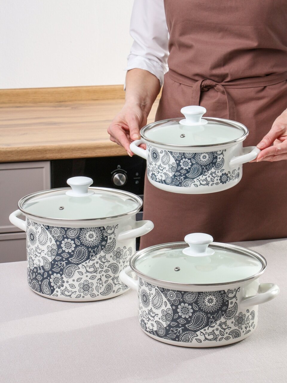 Набор посуды эмалированная сталь, 6 предметов, кастрюли 2.5, 3.7, 5 л, индукция, Керченский металлургический завод, День и ночь-5-1-Люкс, белый