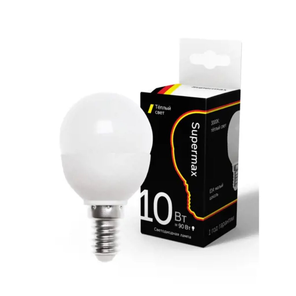 Лампа светодиодная E14, 10 Вт, 90 Вт, шар, 3000 К, свет теплый белый, Supermax