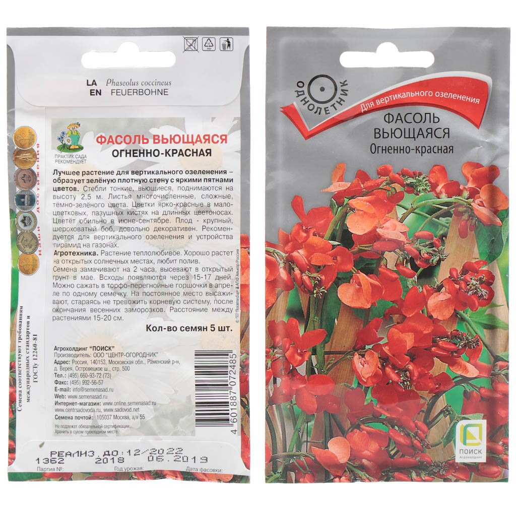 Семена Цветы, Фасоль, Огненно-красная вьющаяся, 5 шт, цветная упаковка, Поиск