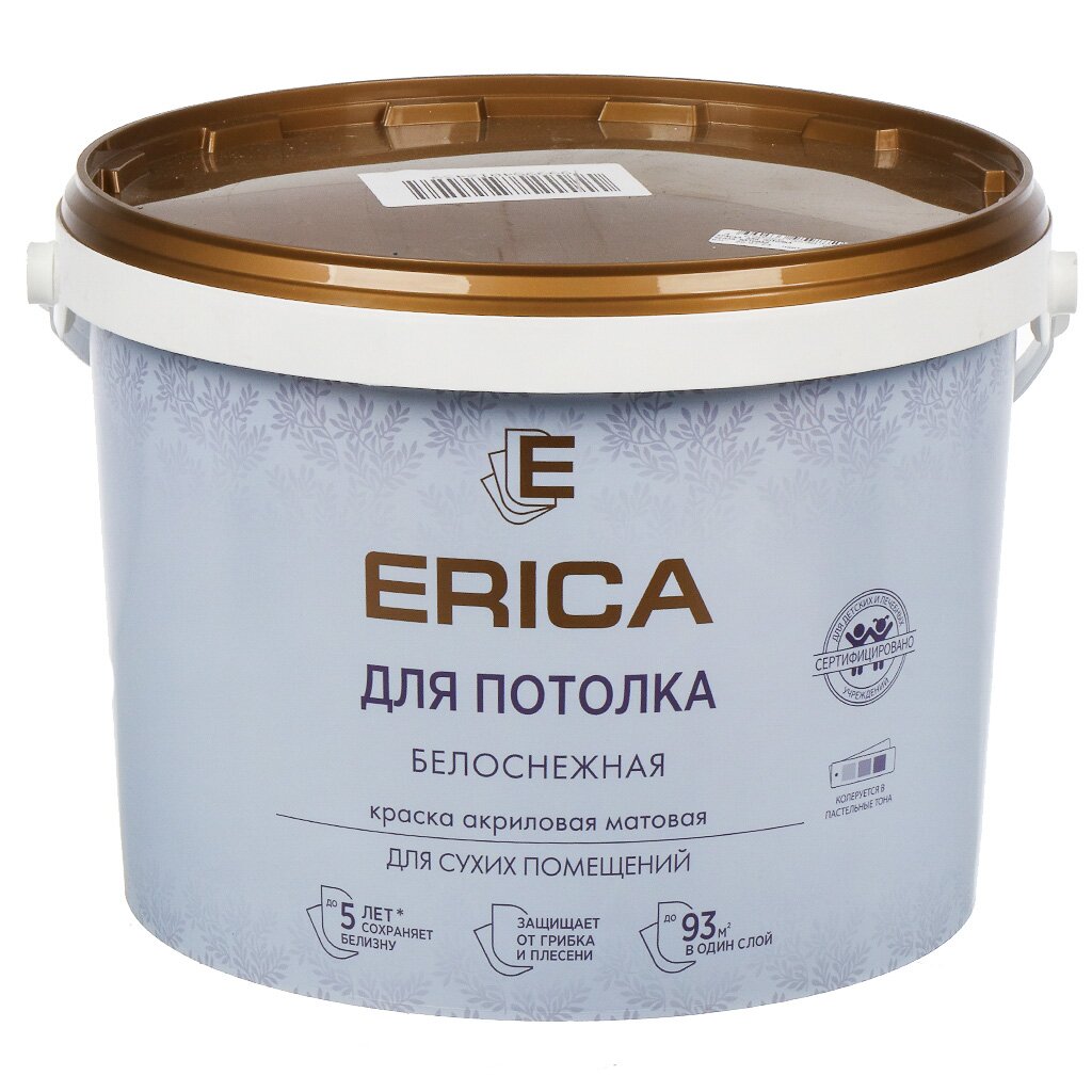 Краска воднодисперсионная, Erica, акриловая, для потолков, матовая, белая, 13 кг краска воднодисперсионная erica акриловая для стен и потолков матовая белая 13 кг