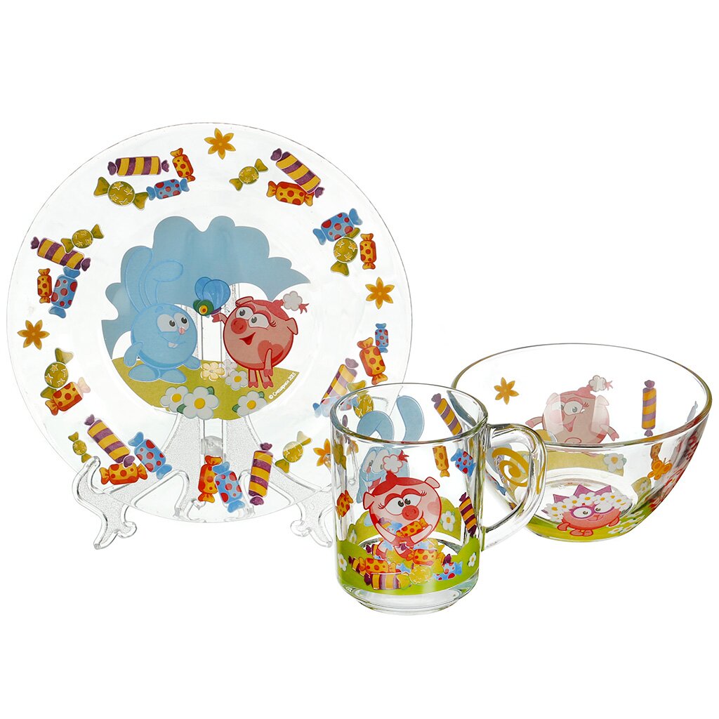 Набор детской посуды стекло, 3 шт, Смешарики, кружка 250 мл, тарелка 20 см, салатник 13 см, СШН3-1