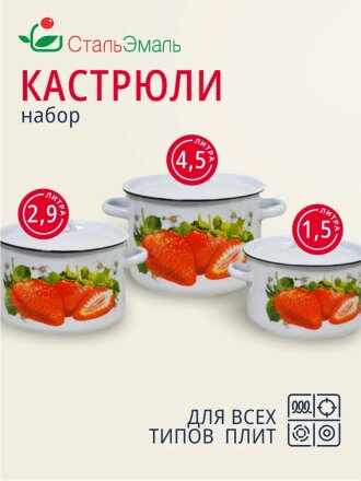 Набор посуды эмалированная сталь, 3 предмета, кастрюли 1.5,2.9,4.5 л, индукция, СтальЭмаль, Клубника садовая, 1с33