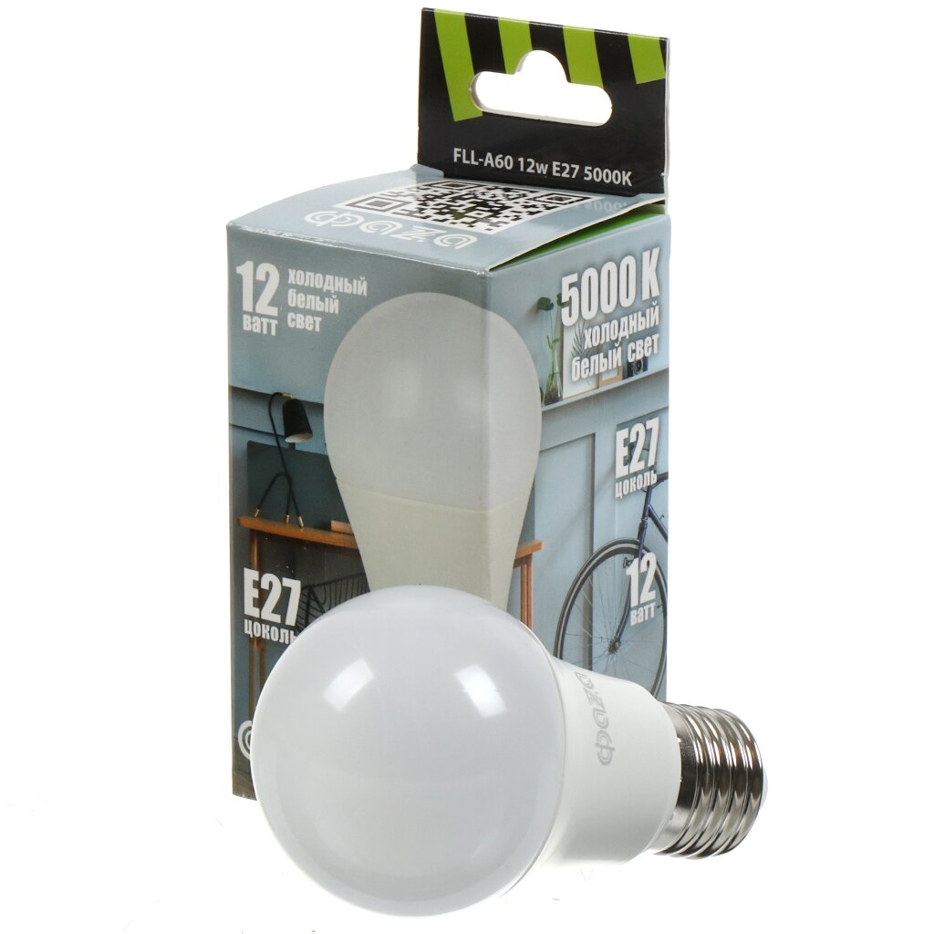 Лампа светодиодная E27, 12 Вт, 230 В, 5000 К, свет холодный белый, ФАZА, FLL- A60