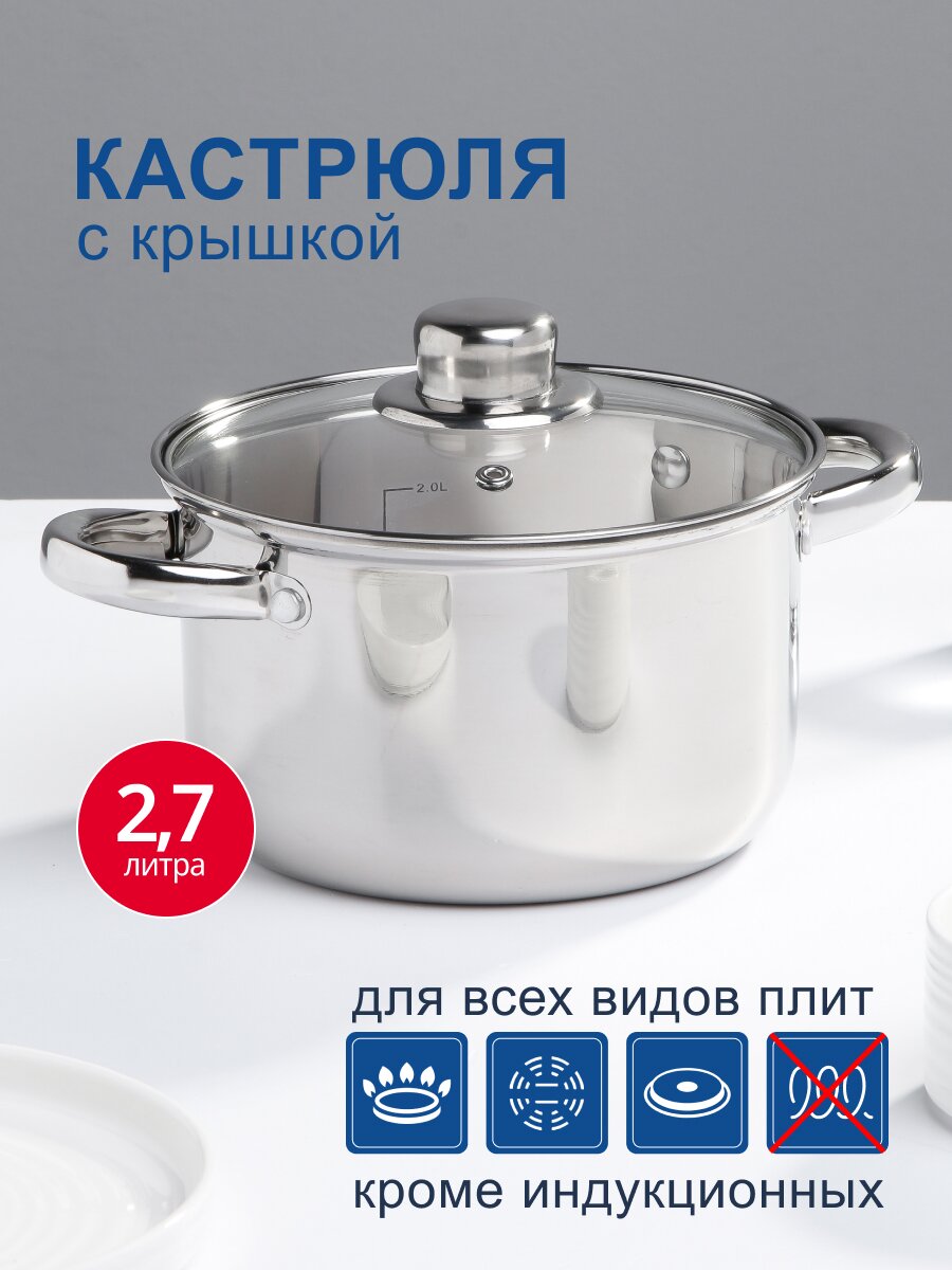 Кастрюля нержавеющая сталь, 2.7 л, крышка стекло, DNN3, SD-A17-18
