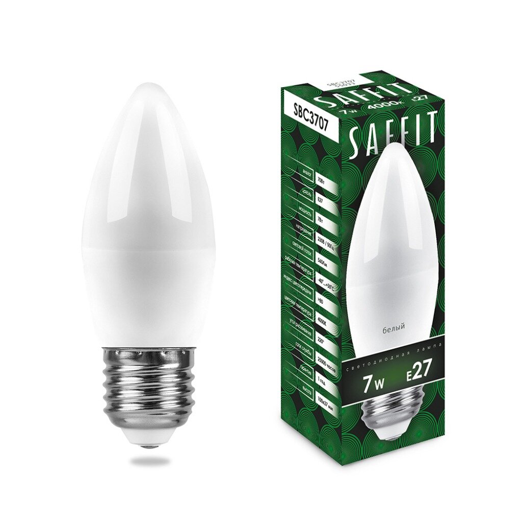 Лампа светодиодная E27, 7 Вт, 70 Вт, 230 В, свеча, 4000 К, свет белый, Saffit, SBC3707, C37, 55033 светодиодный уличный консольный светильник saffit