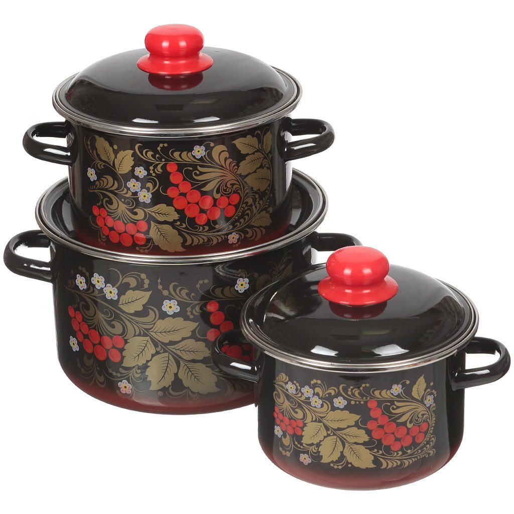 Набор посуды эмалированная сталь, 6 предметов, кастрюли 2,3,5.5 л, индукция, СтальЭмаль, Рябина, 7KB191M