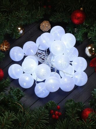 Гирлянда 25 ламп, 5 м, 1 режим, Шары, холодный белый свет, белая, в помещении, на батарейках, LED, Y4-7526