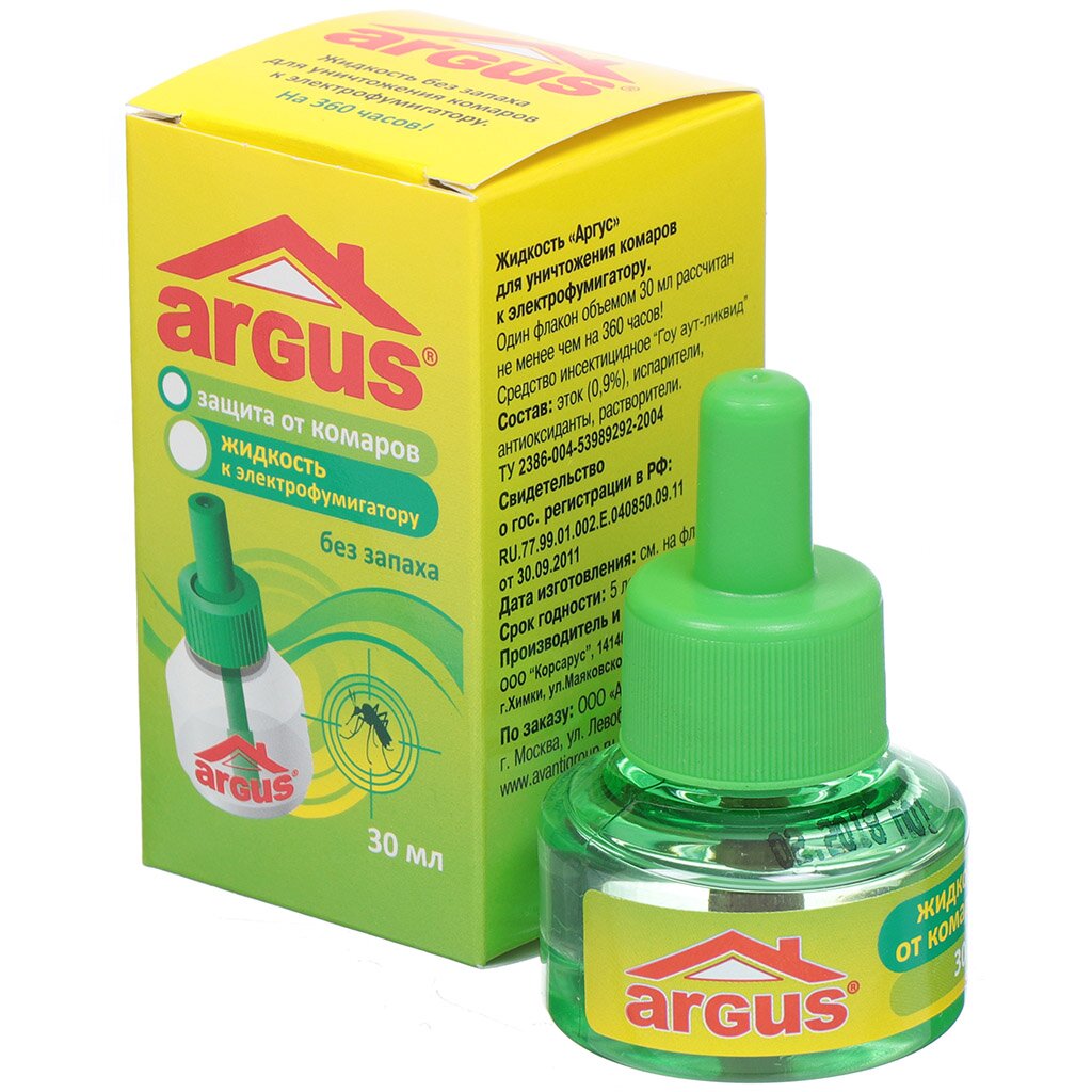 Репеллент от комаров, жидкость для фумигатора, без запаха, 45 ночей, Argus, 30 мл жидкость от комаров для детей чистый дом