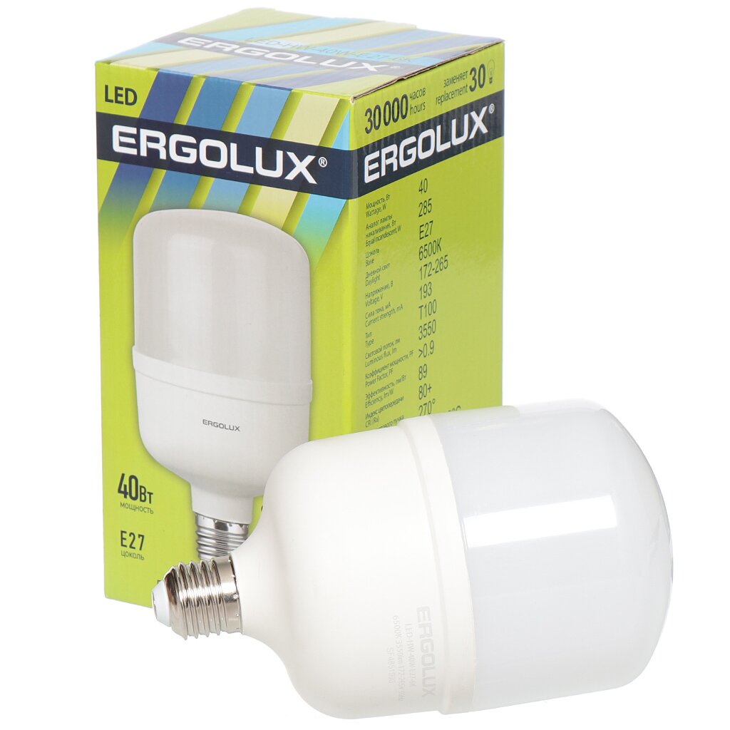 Лампа светодиодная E27, 40 Вт, 285 Вт, цилиндрическая, 6500 К, свет холодный белый, Ergolux